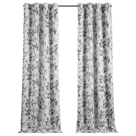 Avalon Botanical Print Blackout Window Curtain, Grey, 52"x95"