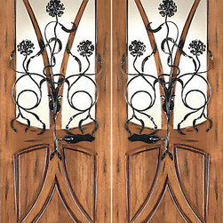 AN-2004-2 Mahogany Tree Lite Hand Carved Art Nouveau Double Door Forged Iron - Windows And Doors