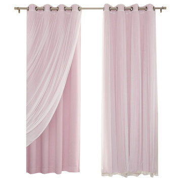 Gathered Tulle Sheer and Blackout 4-Piece Curtain Set, Pink, 84"