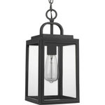 Progress Lighting - Grandbury Collection 1-Light Hanging Lantern with DURASHIELD - This hanging lantern partners timeless elegance with a pinch of coastal vibe. A beautiful black square frame crafted from corrosion-proof composite polymermaterial features a half loop on top of its structure. The frame holds clear glass panes in place for a look sure to complement other farmhouse and coastal decor. DURASHIELD by Progress Lighting is built to last. Constructed from a composite material with UV protection, DURASHIELD holds up even in the harshest weather conditions. This high-performance finish has a 5-year warranty and is resistant to rust, corrosion, and fading.