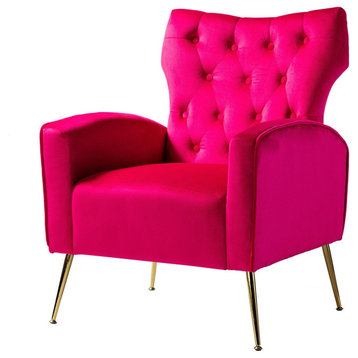 Elegant Accent Chair, Golden Legs With Velvet Seat and Tufted Wingback, Fushia