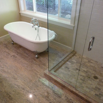 Silver 12x24 Vein Cut Travertine Master Bath & Silver Tumbled Mosaic Shower Pan