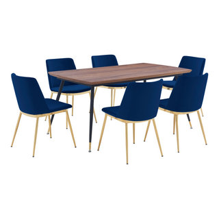 Messina Blue Velvet 7 Piece Rectangular Dining Set - Midcentury