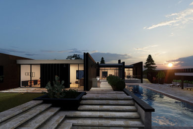 Modelo de fachada de casa marrón y gris minimalista de una planta con revestimientos combinados y tejado plano