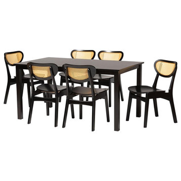 Pemberly Row Dark Brown Brown Wood and Woven Rattan 7-Piece Dining Set