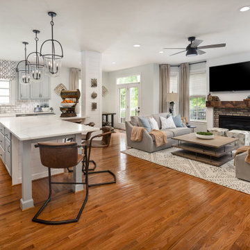 Kitchen and Sitting Room with Shiplap Hood Range and Fireplace