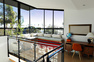 Mid-sized trendy open concept dark wood floor living room photo in Los Angeles with white walls and no fireplace