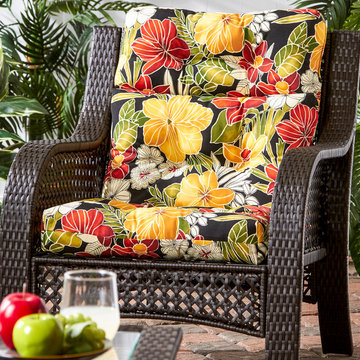 Wicker Woven Patio Chair with Tropical Floral Print Cushion