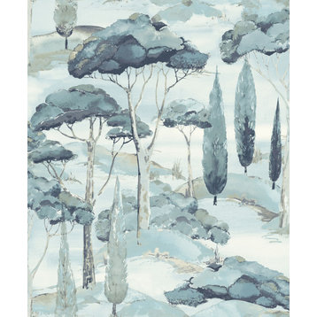 Watercolor Scenic Tree Textured Wallpaper, Blue, Double Roll