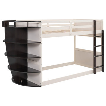 TATEUS Twin over Twin Boat-Like Shape Bunk Bed with Storage Shelves, White+espresso