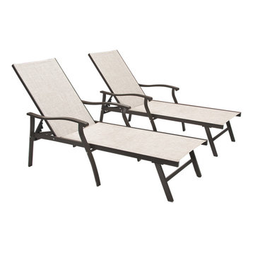 Outdoor Patio Aluminum Adjustable Chaise Lounge Chair with Arms (Set of 2), Beig