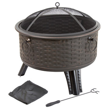 Pure Garden Round Woven Metal Fire Pit With Cover, Antique Bronze, 26"