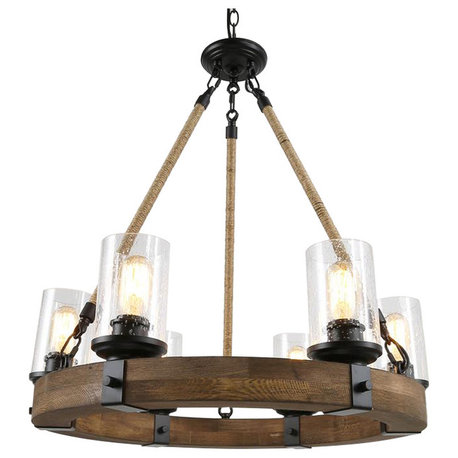 LNC 6-Lights Farmhouse Matte Black and Brown Wood Drum Medium Chandelier 28"H