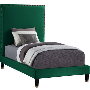 Harlie Velvet Upholstered Bed, Green, Twin