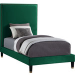 Meridian Furniture - Harlie Velvet Upholstered Bed, Green, Twin - Give your room an instant boost of drama and style when you add this Harlie bed to the mix. This twin-size bed features a soft green velvet exterior that's both chic and sleekand just the thing to add modern beauty to your decor. Brass nailheads lend this magnificently crafted bed an elegant vibe, while brass caps on the leg amplify its sophisticated demeanor. An extra-tall design makes sure this Harlie bed gets the bulk of attention in your bedroom.