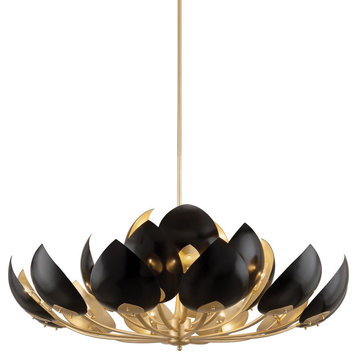 Lotus 21 Light Chandelier, Gold Leaf, Black Shade