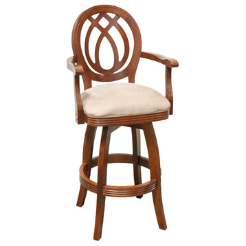 Medallion Bar Stool, Espresso Finish, With Arms, Black Leather Seat