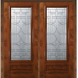 Pre-hung Home Double Door 80 Alder Marsala 1 Panel 3/4 Lite Glass - Front Doors