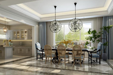 Kitchen/dining room combo - mid-sized modern marble floor, brown floor and tray ceiling kitchen/dining room combo idea in Los Angeles