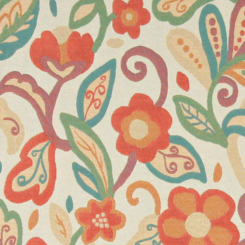 Teal, Green, Orange and Beige, Floral Contemporary Upholstery Fabric By The Yard