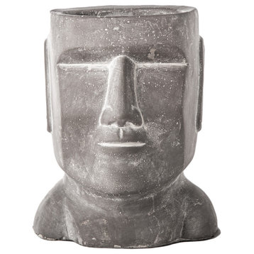 Round Cement Easter Island Head Pot Concrete Gray Finish, Small