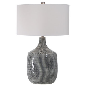 Elegant Modern Stripe Gray Ceramic Table Lamp | Graphic Pattern White Silver