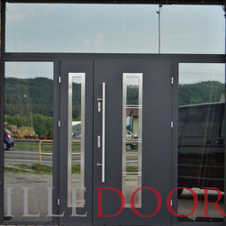 Stainless Steel Double Modern Entry Door with Glass Sidelites - Front Doors