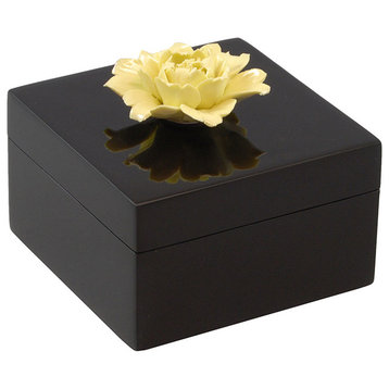 Lacquer Small Square Box, Yellow Rose Handle Black Box