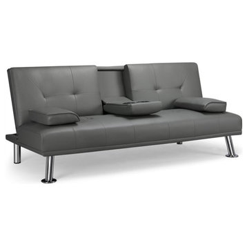 Modern Futon, Artificial Leather Seat With Cup Holders & Movable Arms, Gray