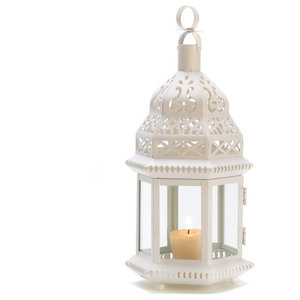 BULK LOTS Large White Metal Moroccan Candle Lanterns Vine Pattern Glass Panels 