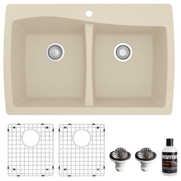 Karran Drop-In Quartz 34" 1-Hole 50/50 Double Bowl Sink Kit, Bisque