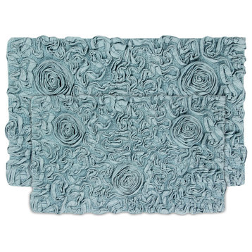 Bell Flower Collection 100% Cotton Tufted Bath Rugs, 2 Piece Set(M+L), Blue