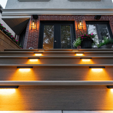 Modern Cedar Pergola, Porcelain Patio & Outdoor Lighting Backyard Renovation
