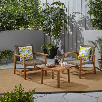 Alyssa Outdoor 3-Piece Wood and Wicker Club Chairs and Side Table Set, Gray/Natural Finish