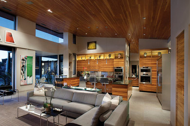 Example of a large trendy open concept concrete floor family room design in Phoenix with gray walls, no fireplace and a wall-mounted tv
