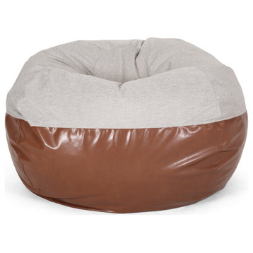 Meagher Modern 5 Foot Two Toned Fabric and Faux Leather Bean Bag, Light Gray + C
