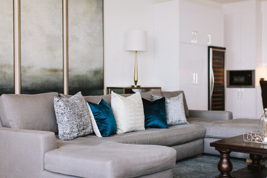 Example of a mid-sized trendy formal and open concept porcelain tile and white floor living room design in Toronto with white walls, a ribbon fireplace, a metal fireplace and a wall-mounted tv
