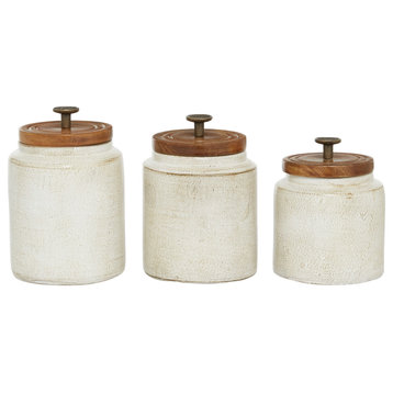 Set of 3 White Terracotta Country Cottage Decorative Jar, 6.75", 7.75", 8.25"