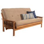 Studio Living - Caleb Frame Futon With Butternut Finish, Suede Peat - The futon is a classic hardwood frame with mission style arms. This unique and versatile full size futon sofa easily converts to a Bed.  This multifunctional piece of furniture can find a home in just about any type of room.