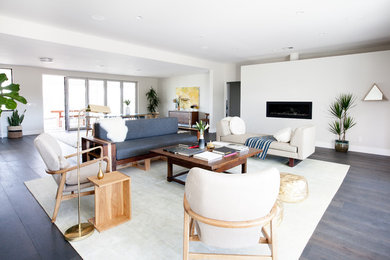Inspiration for a large modern open concept dark wood floor living room remodel in Orange County with white walls, a ribbon fireplace and a plaster fireplace
