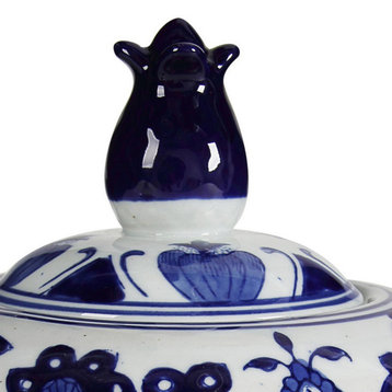Benzara BM286406 10" Lidded Jar, Round Floral Print, Blue &White Porcelain