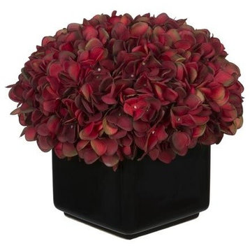 Artificial Burgundy Hydrangea in Large Black Cube Ceramic