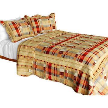 Enthusiasm Waltz 3PC Vermicelli-Quilted Plaid Patchwork Quilt Set (Full/Queen)