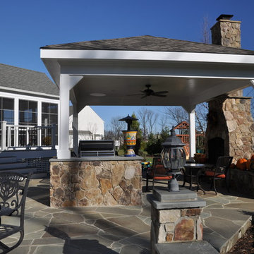 patio,pavilion,outdoor fireplace,indoor fireplace,grill,walkway,walls.