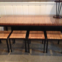 Glass Topped Rattan, Metal Framed Table with Four Matching Stools
