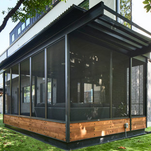 Foto di un portico design di medie dimensioni e dietro casa con un portico chiuso, pavimentazioni in cemento, un tetto a sbalzo e parapetto in metallo