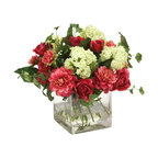 Waterlook® Fuschia Dahlia and Roses, Cream Green Snowballs in Glass Cube