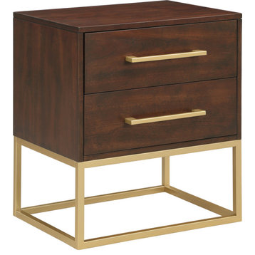 Maxine Wood Nightstand With Durable Brushed Gold Metal Base, Dark Cherry Finish