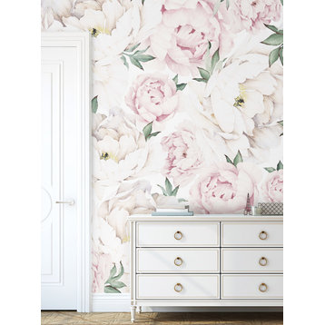 Peony Flower Mural Wall Art Peel and Stick Vinyl Wallpaper, Pink, 24"x96"