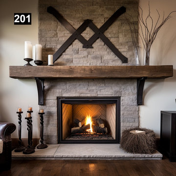 Reclaimed Wood Beam Fireplace Mantel with Iron Corbels